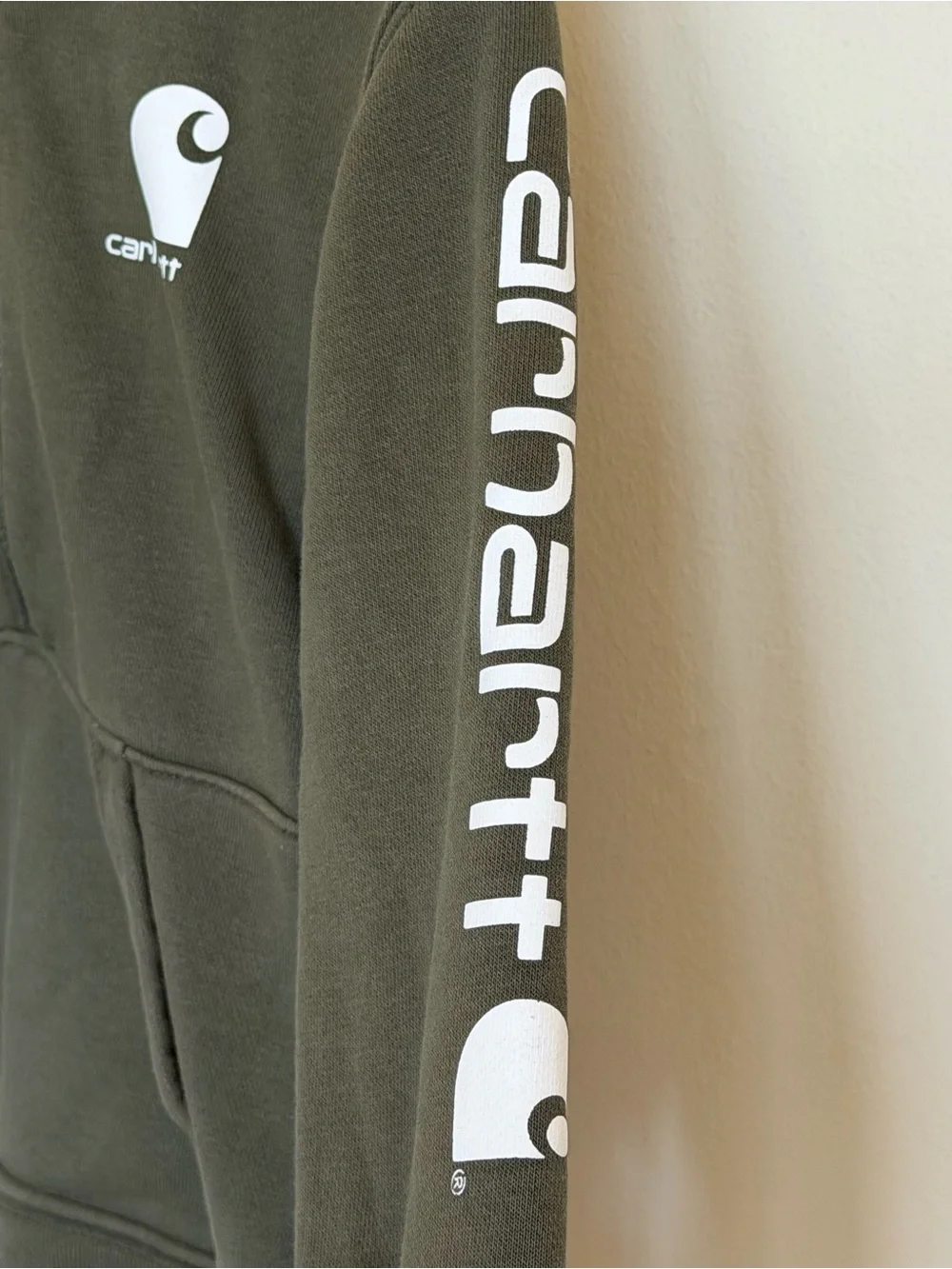 Carhartt Kids 2T Olive Green Half Zip Hoodie Logo Sleeve Workwear Streetwear